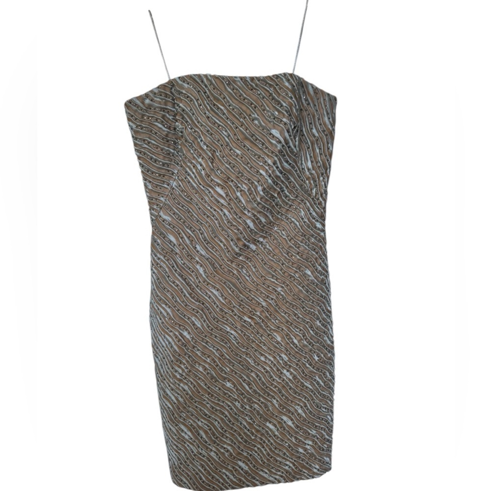 Carmen Marc Valvo Strapless Dress in Brown and Steel blue